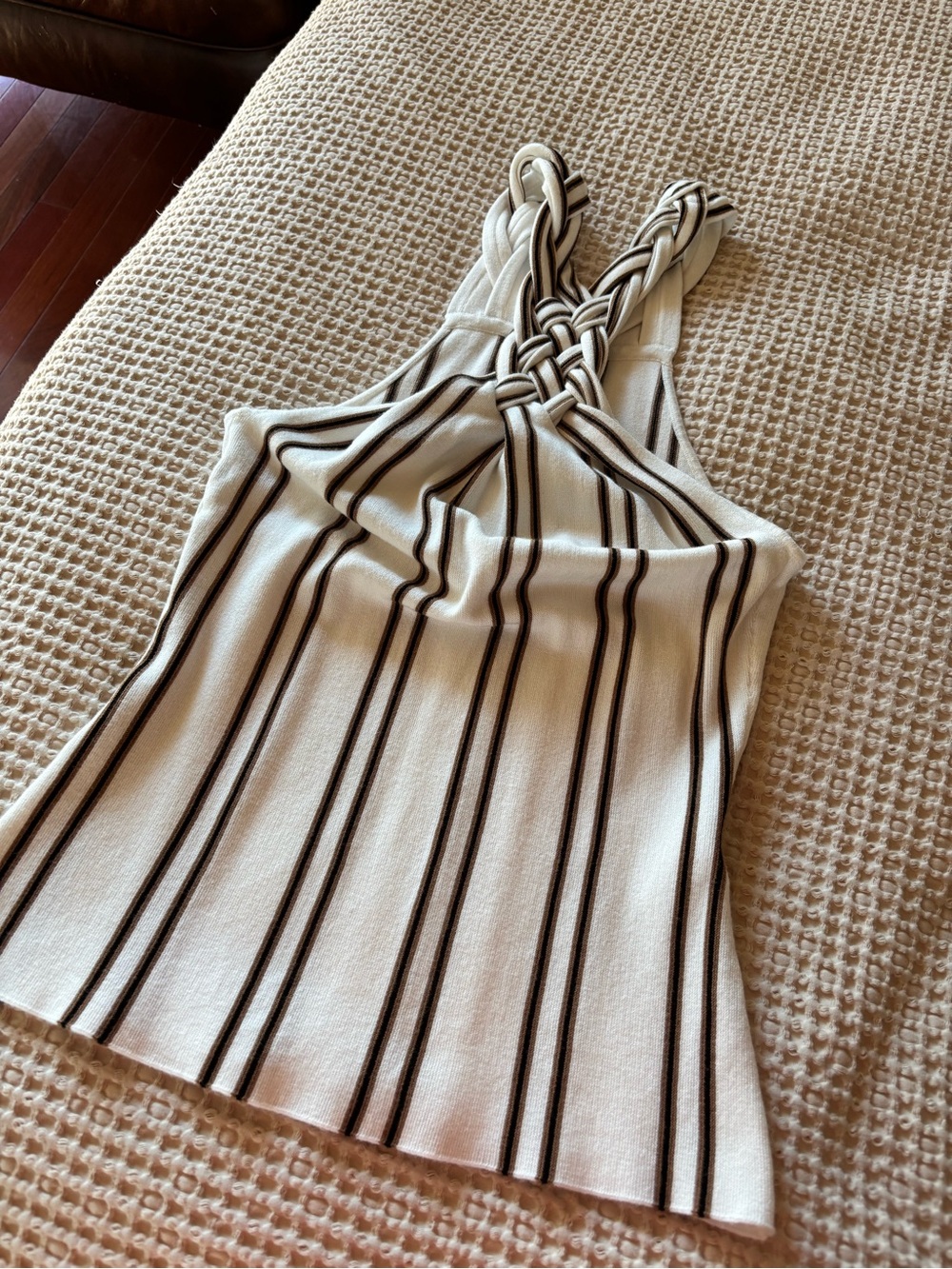 White House Black Market Ivory Tank Top with Brown Stripes and Braided Halter - Picture 2 of 7
